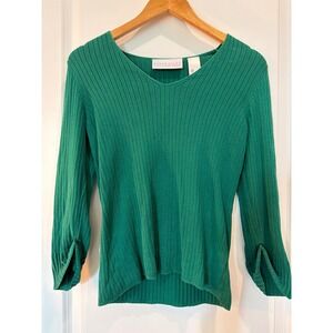 First Issue Liz Claiborne Green Ribbed V-Neck Sweater 3/4 Sleeve Cotton Small